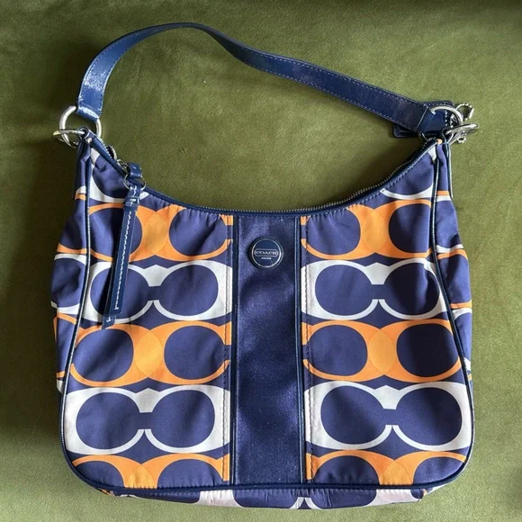 Coach Shoulder Bag Navy, White, Orange Signature C Pattern with wallet - Picture 3 of 15